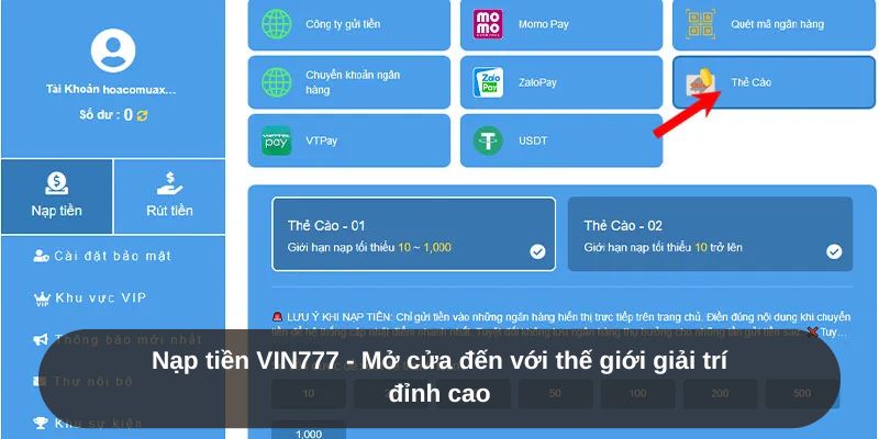 Nạp tiền VIN777 - Mở cửa đến với thế giới giải trí đỉnh cao